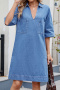 casual non-stretch lapel v-neck pocket short sleeve solid color denim midi dress_Blue