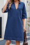 casual non-stretch lapel v-neck pocket short sleeve solid color denim midi dress_Blue_Dark Blue
