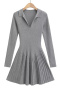 casual slight stretch lapel v-neck solid color mini dress(size run small)_Black_Gray