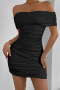 casual slight stretch 5 colors off shoulder mini dress_Black