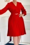 stylish plus size slight stretch 3 colors v-neck with belt pleated midi dress_White_Red