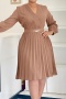 stylish plus size slight stretch 3 colors v-neck with belt pleated midi dress_White_Red_Khaki