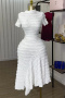 casual plus size slight stretch solid color short sleeve midi dress_White