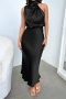 casual non-stretch 10 colors crew neck solid color midi dress_Black