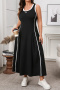 casual plus size slight stretch sleeveless contrast color striped midi dress_Black