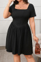 casual plus size slight stretch solid color short sleeve square neck midi dress_Black