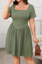 casual plus size slight stretch solid color short sleeve square neck midi dress_Black_Green
