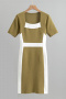 casual slight stretch contrast color stripe slim fit knitted midi dress_Black_Dark Green