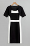 casual slight stretch contrast color stripe slim fit knitted midi dress_Black