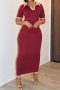 new plus-size patchwork 4-color polo collar short sleeves maxi dress_Black_Rose Red