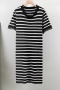 casual slight stretch striped tassel short sleeve knitted slit midi dress_Black