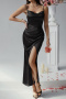 elegant slight stretch satin 4 colors backless sling maxi dress_Black