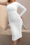 casual slight stretch solid color slim fit pleated one shoulder midi dress_Black_White