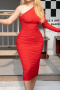 casual slight stretch solid color slim fit pleated one shoulder midi dress_Black_White_Red