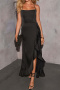 new slight stretch solid color patchwork ruffle lace-up maxi tank dress_Black