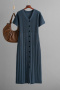 casual slight stretch 6-colors knitted single-breasted short-sleeved midi dress_Black_Gray_Forest Green_Dark Blue