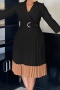 stylish plus size slight stretch color-block suit collar with belt midi dress_Black