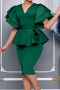 stylish plus size slight stretch 4 colors v-neck ruffle with belt midi dress_White_Red_Magenta_Green