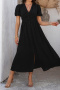 casual vacation non-stretch tatting v-neck single-breasted with lined midi dress_Black