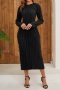 casual plus size slight stretch 3 colors long sleeve pleated midi dress(no belt)_Black