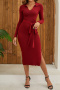 stylish plus size slight stretch knitted 4 colors with belt midi dress_Rose Red