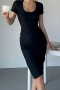 stylish slight stretch 3 colors short sleeve split midi dress_Black