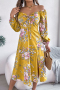 new slight stretch polyester contrast 3-color long sleeves midi floral dress_Black_Yellow