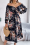new slight stretch polyester contrast 3-color long sleeves midi floral dress_Black