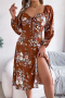 new slight stretch polyester contrast 3-color long sleeves midi floral dress_Black_Yellow_Brown