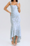 new slight stretch patchwork 3-color boning suspender irregular maxi dress_Black_Sky Blue