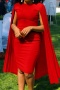 stylish plus size slight stretch 5 colors pleated long sleeve midi dress_Black_Red