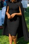 stylish plus size slight stretch 5 colors pleated long sleeve midi dress_Black