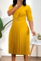 stylish plus size slight stretch 4 colors with belt pleated midi dress_Red_Yellow