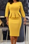 stylish office lady plus size stretch pure color three-quarter sleeve midi dress_Yellow