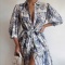 new non-stretch landscape printing puff sleeves lace-up mini dress (with belt)_Dark Blue