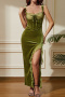 new slight stretch solid color patchwork lace & velvet slit suspender maxi dress_Forest Green