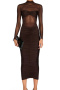 sexy slight stretch stitching see-through mesh crew neck shirring midi dress_Black_Brown