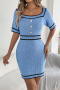 casual slight stretch contrast 3-color knit short sleeves mini dress_Magenta_Sky Blue