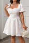 casual plus size non-stretch flowers jacquard pleated short sleeve mini dress_White