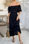 bohemian style non-stretch 3 colors square-neck short sleeve midi dress_Black