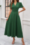 casual slight stretch 5 colors v-neck short sleeve midi dress_Black_Red_Green