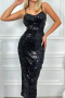 sexy plus size slight stretch sling sequins pearl decor hollow slit maxi dress_Black