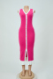 casual slight stretch ribbed knit v-neck contrast color midi dress_Black_Magenta