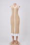 casual slight stretch ribbed knit v-neck contrast color midi dress_Black_Magenta_Light Green_Khaki