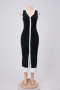 casual slight stretch ribbed knit v-neck contrast color midi dress_Black