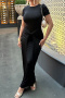 casual slight stretch crew neck solid color kink maxi dress_Black