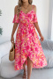 bohemian style non-stretch flower printing v-neck sling midi dress with belt_Pink