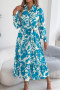 casual non-stretch 3 colors graphic print long sleeve midi shirtdress with belt_Orange_Blue