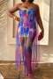 sexy plus size stretch tie-dye print see-through mesh stitching maxi dress_Magenta_Multicolor
