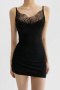 casual slight stretch lace trim 5 colors sling slim mini dress(size run small)_Black